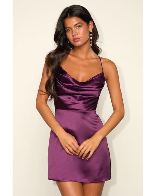Lulus Purple Luxe Reputation Satin Sleeveless Cowl Neck Mini Dress