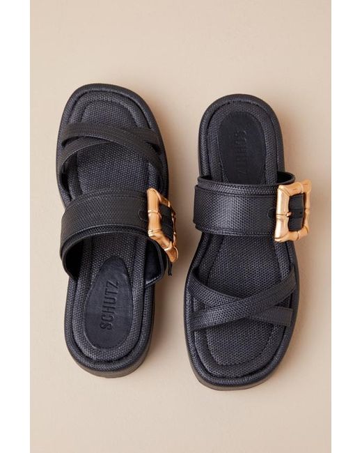 SCHUTZ SHOES Black Lola Buckle Flatform Slide Sandals