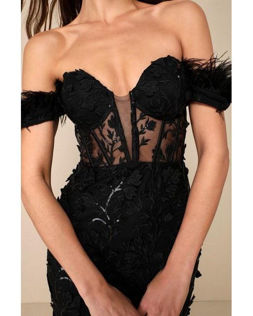 Lulus Black Midnight Sparkle Embroidered Feather Bustier Maxi Dress