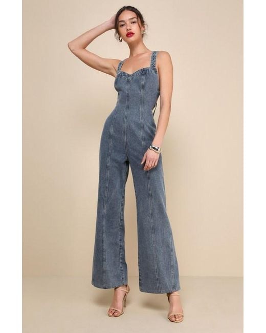 Lulus Blue Trendsetting Personality Medium Wash Denim Backless Jumpsuit