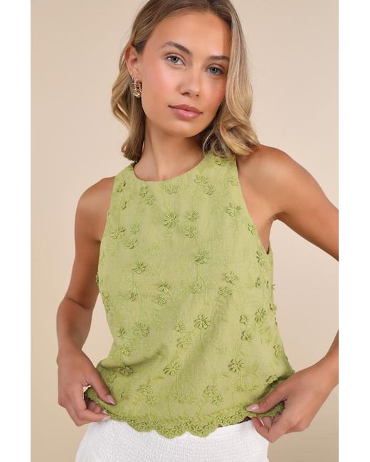 Lulus Green Pleasant Personality Floral Embroidered Crew Neck Tank Top
