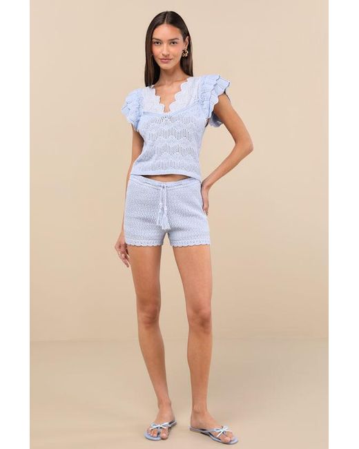 JACQUIE THE LABEL Blue Caroline Crochet Knit Flutter Sleeve Top