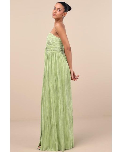 Lulus Green Oswin Lime Satin Plisse Strapless Maxi Dress