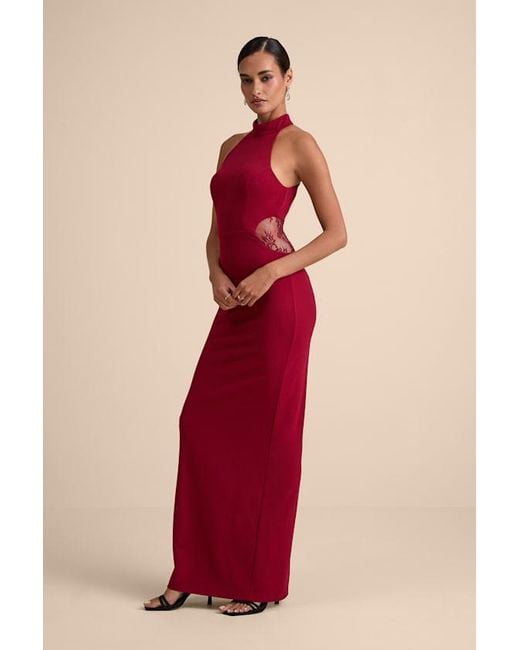 Lulus Red Vira Mock Neck Lace Cutout Maxi Dress