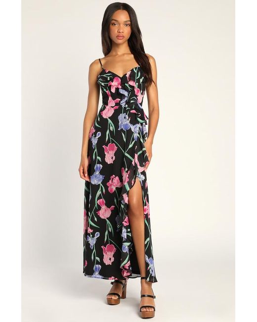 Lulus Black Elegant Bliss Floral Print Ruffled Sleeveless Maxi Dress