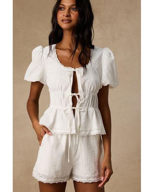 Lulus White Delora Eyelet Embroidered Tie-Front Top