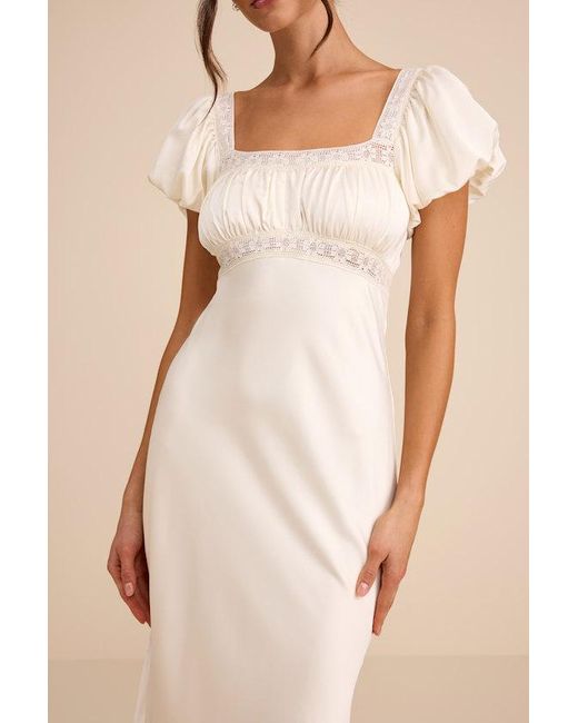 Lulus Natural Catherine Satin Puff Sleeve Slip Midi Dress