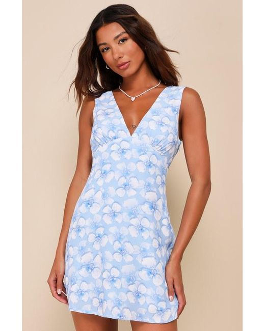 Lulus Blue Ultimate Sweetie Floral V-Neck Sleeveless A-Line Mini Dress