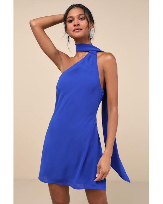 Lulus Blue Isloda One-Shoulder Backless Sash Mini Dress