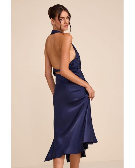 Lulus Blue Belin Satin Backless Midi Dress