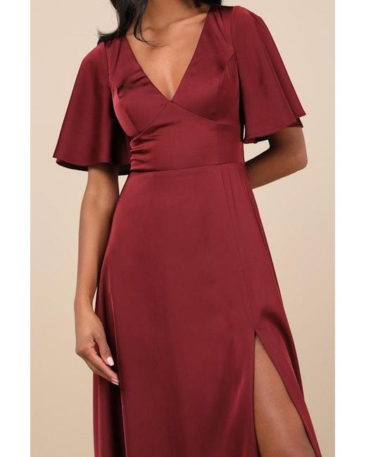 Lulus Red Elegant Confidence Satin Flutter Sleeve Cutout Maxi Dress