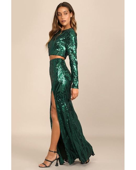 Lulus Blue Luxe Aesthetic Sequin Long Sleeve Two-Piece Maxi Dress