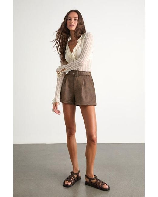 Lulus Brown Nolyn Suede Pleated High-Rise Shorts