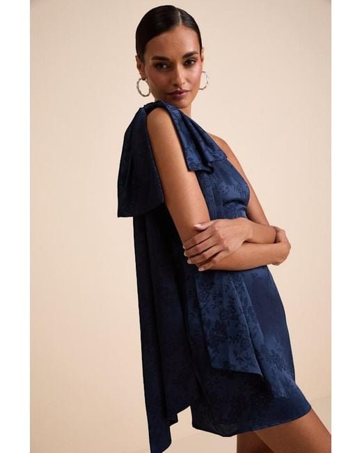 Lulus Blue Jayda Satin Jacquard One-Shoulder Sash Mini Dress