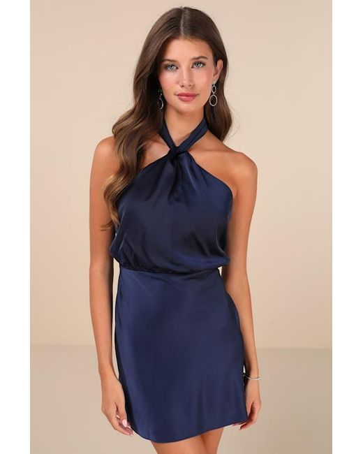 Lulus Blue Sleek Essence Satin Halter Sleeveless Mini Dress