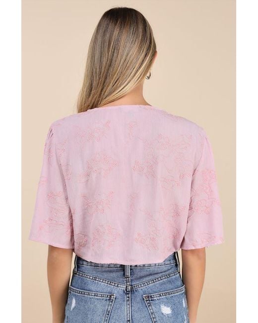 Lulus Pink Delightful Darling Floral Embroidered Tie-Front Crop Top