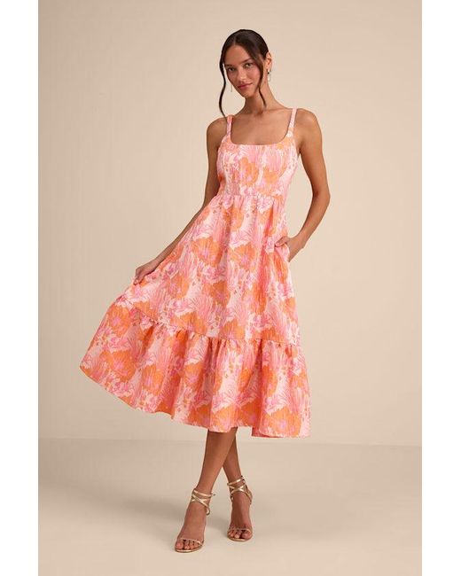 Lulus Pink Avalie Floral Jacquard Tiered Bustier Midi Dress