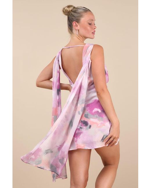 Lulus Pink Siya Abstract Print Cowl Sash Mini Dress