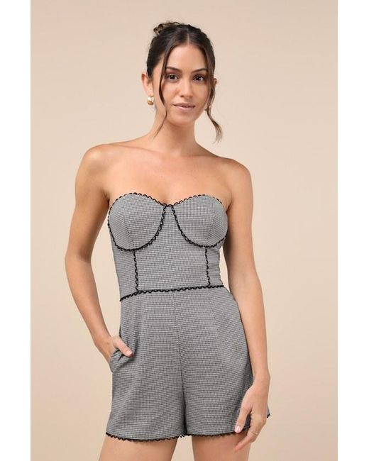 Lulus Gray Sophisticated Attitude Houndstooth Strapless Bustier Romper