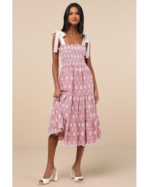 JACQUIE THE LABEL Isabella Gingham Embroidered Tiered Midi Dress in Pink |  Lyst