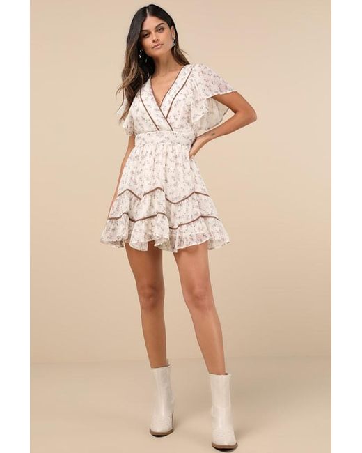 Lulus Natural Adored Outing Floral Flutter Sleeve Surplice Mini Dress