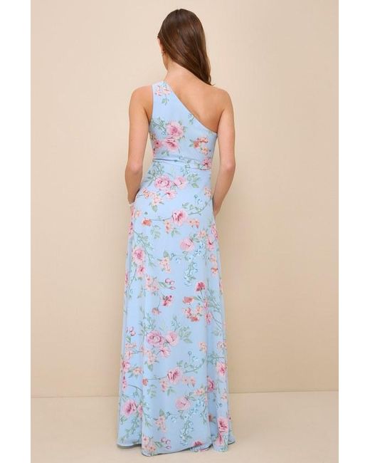 Lulus Blue Elegant Admiration Floral One-Shoulder Maxi Dress