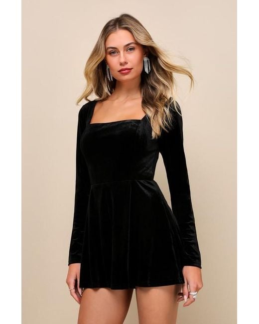 Lulus Black Feeling Cheery Velvet Long Sleeve Tie-Back Romper