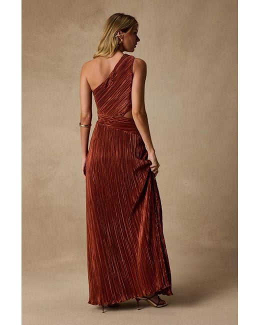 Lulus Orange Rocca Rust Plisse Pleated Cutout One-Shoulder Maxi Dress