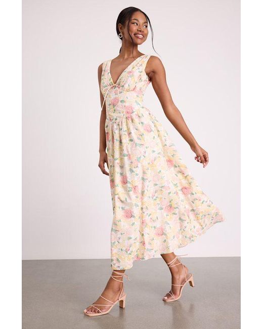 Lulus Natural Lettie Multi Floral Poplin Plunge Neck Midi Dress