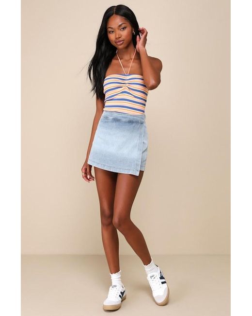Lulus Blue Definite Perfection Light Wash Denim Faux Wrap Skort