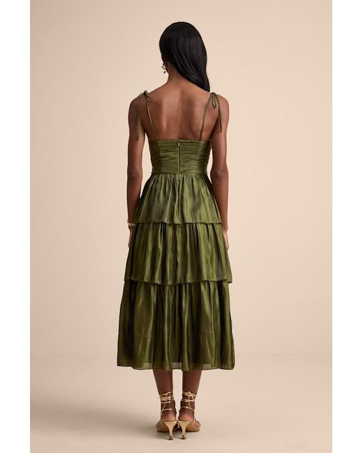 Lulus Green Tennon Plisse Tiered Midi Dress