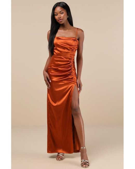 Lulus Multicolor Luxurious Marvel Rust Satin Ruched Column Maxi Dress