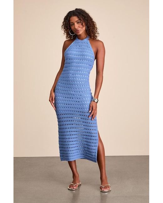 Lulus Calabria Crochet Knit Halter Midi Dress in Blue | Lyst