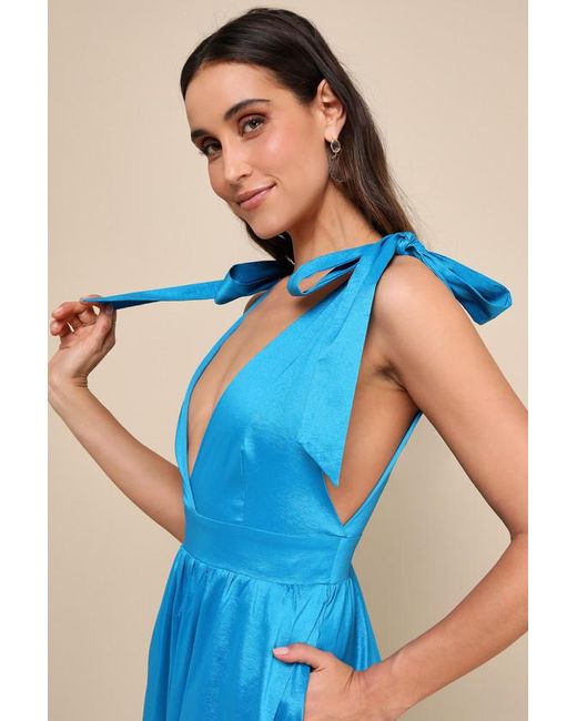 Lulus Blue Rare Charm Taffeta Tie-Strap Maxi Dress With Pockets