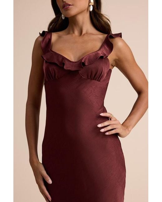 Lulus Brown Angela Satin Ruffed Slip Maxi Dress