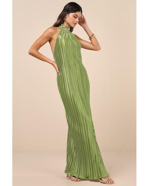 Lulus Green Gwenny Lime Satin Plisse Maxi Dress