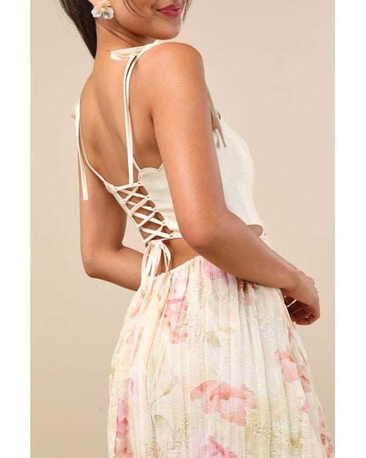 Lulus Natural Rosalee Floral Mixed Media Midi Dress