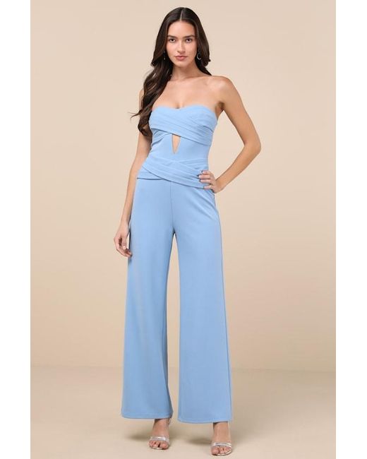 Lulus Blue Natasha Strapless Pleated Jumpsuit