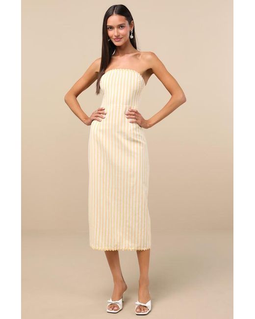 Lulus Natural Brigita Striped Strapless Column Midi Dress