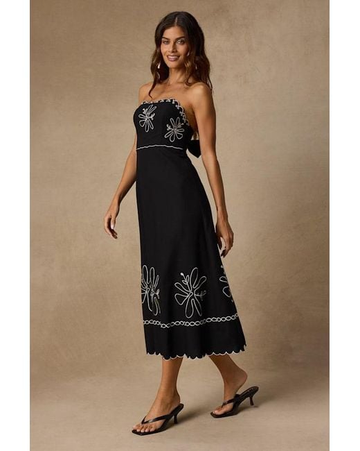 Lulus Black Leticia Linen Embroidered Tie-Back Midi Dress