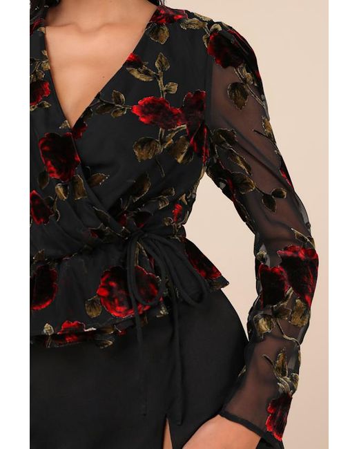 Lulus Black Memorably Poised Burnout Floral Surplice Top