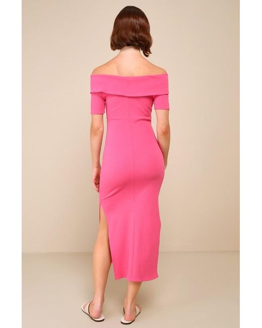 Lulus Pink Remarkably Flirty Hot Ribbed Off-The-Shoulder Midi Dress