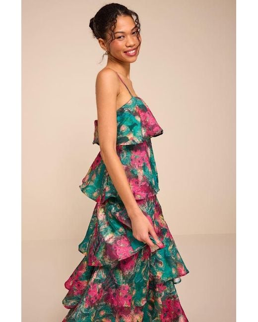 Lulus Blue Nia Multi Jacquard Organza Tiered Midi Dress