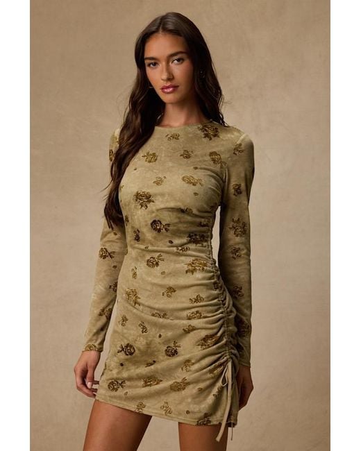 Lulus Natural Laudie Rose Print Ruched Mini Dress