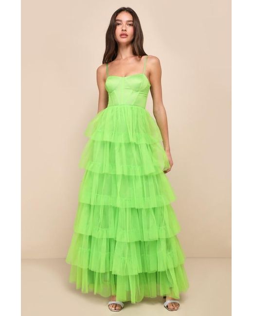 Lulus Green Rule The Runway Lime Tulle Bustier Tiered Maxi Dress