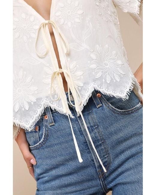 Lulus Blue Vintage Aesthetic Embroidered Tie-Front Fringe Hem Top