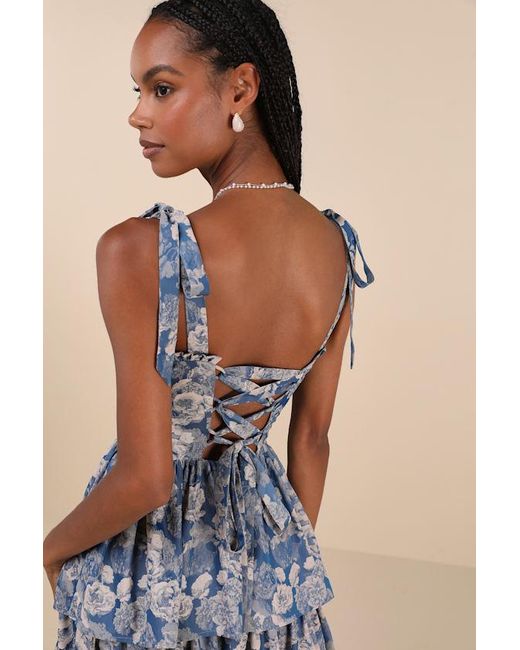 Lulus Blue Lovely Bliss Floral Jacquard Strapless Bustier Midi Dress