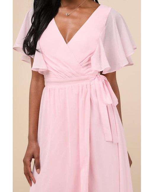 Lulus Pink Convincing Grace Light Blush Flutter Sleeve Wrap Maxi Dress