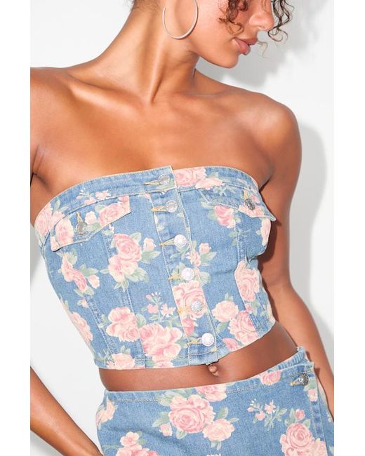 Lulus Blue Ophirah Light Wash Floral Denim Strapless Crop Top