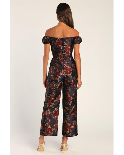 Lulus Blue New Glam Floral Jacquard Off-The-Shoulder Jumpsuit